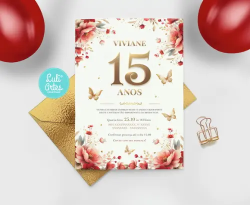 Convite Digital Flores Dourado e Vermelho 15 Anos