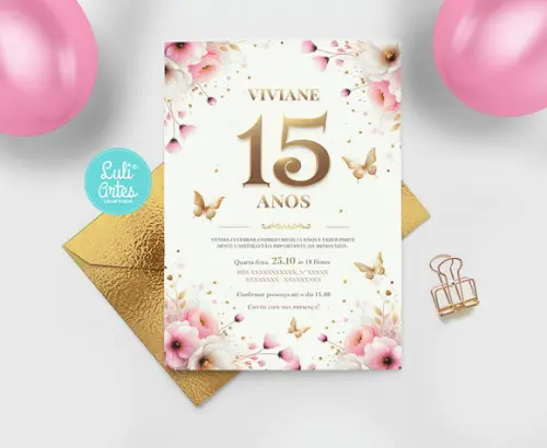 Convite Digital Flores Dourado e Rosa 15 Anos