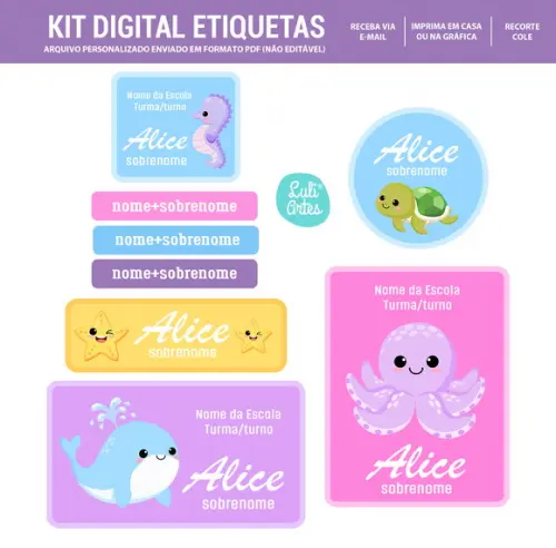 Etiqueta Escolar Digital Bichinhos Fundo do Mar
