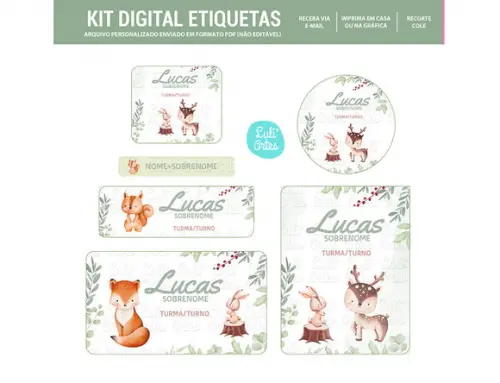 Etiqueta Escolar Digital Bichinhos da Floresta