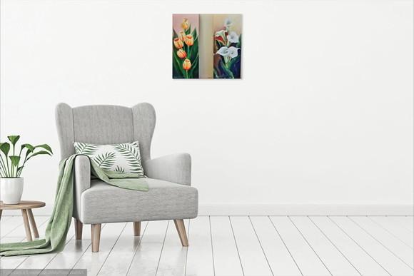 Kit Quadros Pintura em Tela Floral Tulipas Copos de Leite