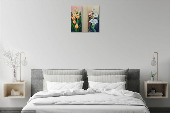 Kit Quadros Pintura em Tela Floral Tulipas Copos de Leite