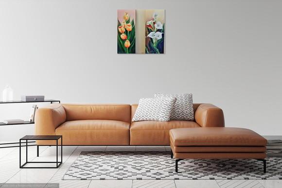 Kit Quadros Pintura em Tela Floral Tulipas Copos de Leite