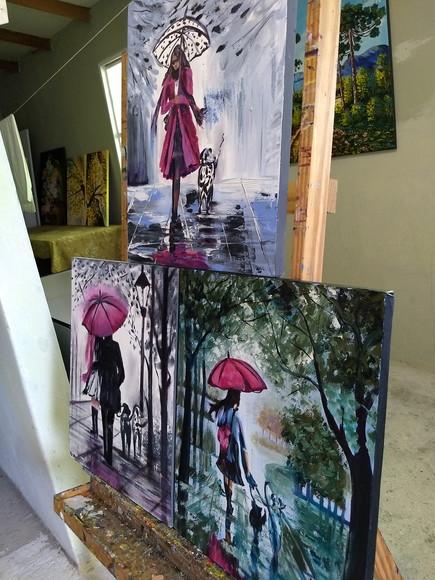 Kit Quadros Pintura em Tela Mulher com Pets Dogs Cães