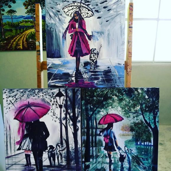 Kit Quadros Pintura em Tela Mulher com Pets Dogs Cães