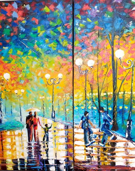 Par de Quadros Decorativos Paisagem Pintura em Tela Família