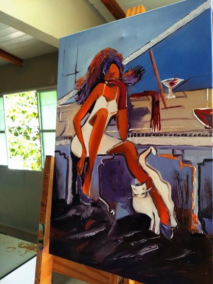 Quadro Decorativo Mulher Gato Branco Vinho Presente de Natal