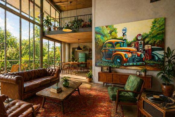 Quadro Decorativo Paisagem Carro Antigo Presente de Natal