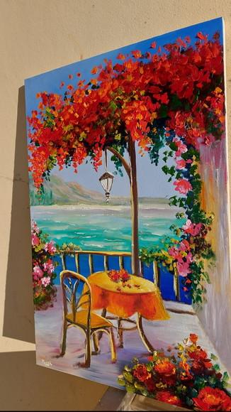 Quadro Decorativo Paisagem Mar Buganvillea Presente de Natal