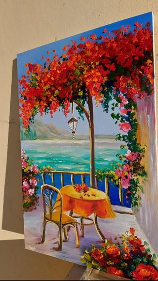 Quadro Decorativo Paisagem Mar Buganvillea Presente de Natal