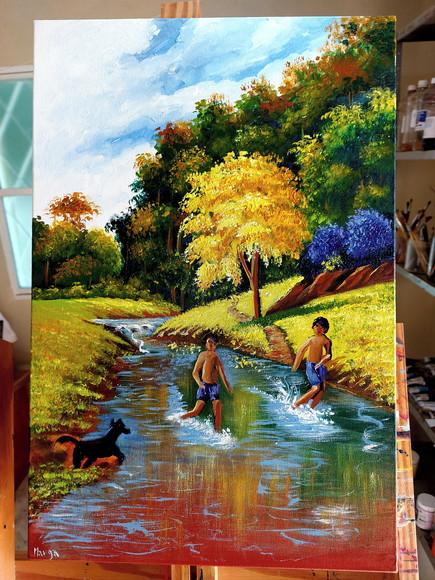 Quadro Decorativo Paisagem Meninos no Rio Presente de Natal