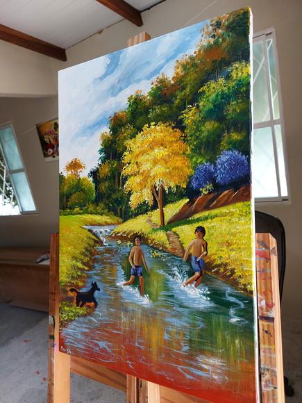 Quadro Decorativo Paisagem Meninos no Rio Presente de Natal
