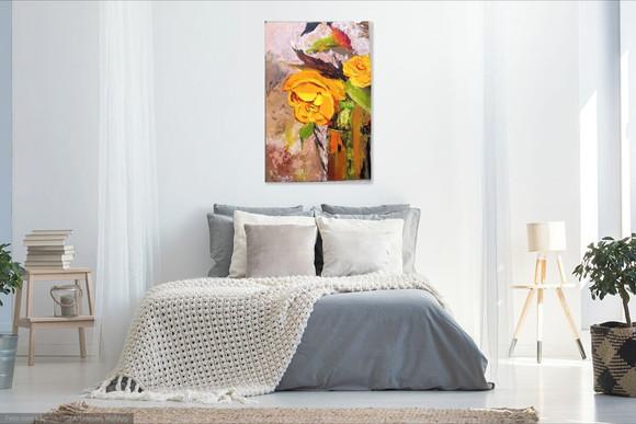Quadro Decorativo para Sala Pintura Tela Floral Rosa Amarela