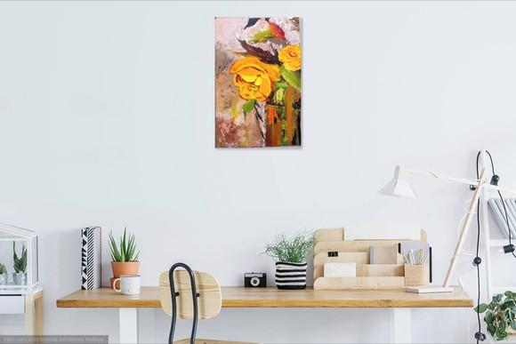 Quadro Decorativo para Sala Pintura Tela Floral Rosa Amarela