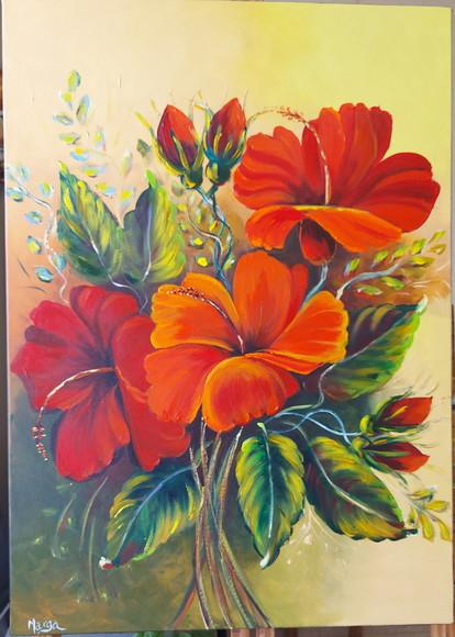 Quadro Decorativo Pintura em Tela Floral Hibiscus Vermelhos