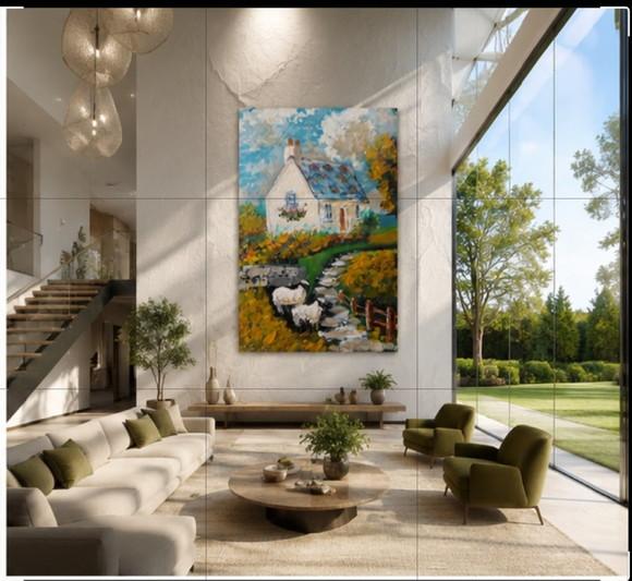 Quadro Decorativo Pintura Paisagem Suíça Animais Ovelhas