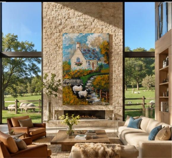 Quadro Decorativo Pintura Paisagem Suíça Animais Ovelhas