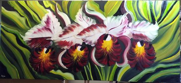 Quadro Decorativo Pintura Orquídeas Bordô Presente de Natal