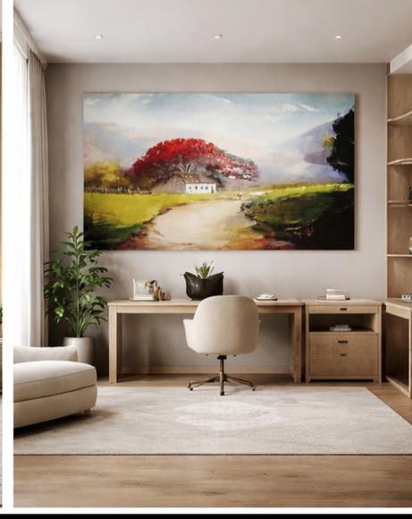 Quadro Decorativo Pintura Tela Paisagem Caminho Flamboyant