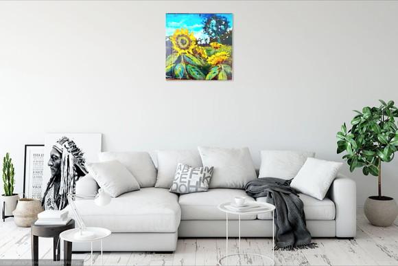 Quadro Decorativo Pintura Tela Campo de Girassóis