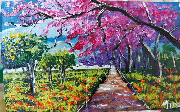 Quadro Decorativo Pintura Tela Paisagem Campo de Cerejeiras