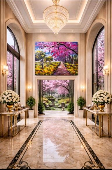 Quadro Decorativo Pintura Tela Paisagem Campo de Cerejeiras