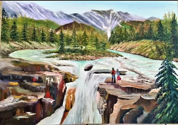 Quadro Decorativo Pintura Tela Paisagem Pinheiros Cachoeira