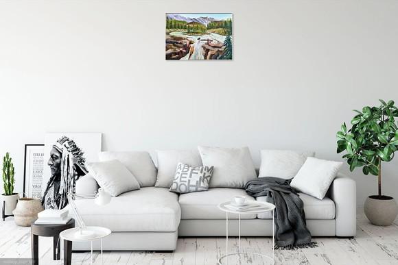Quadro Decorativo Pintura Tela Paisagem Pinheiros Cachoeira
