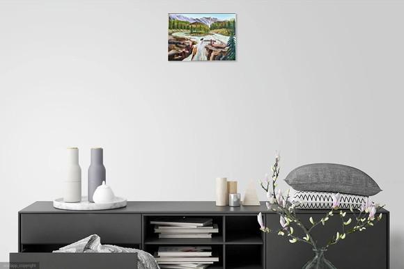 Quadro Decorativo Pintura Tela Paisagem Pinheiros Cachoeira