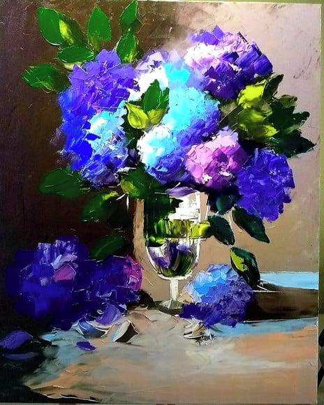 Quadro Floral Abstrato Moderno Hortênsias Presente de Natal
