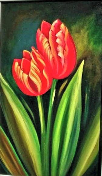 Quadro Grande para Sala Pintura Tela Floral Tulipas Vermelha