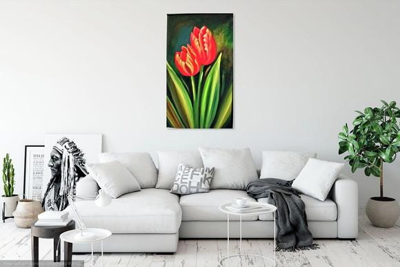 Quadro Grande para Sala Pintura Tela Floral Tulipas Vermelha