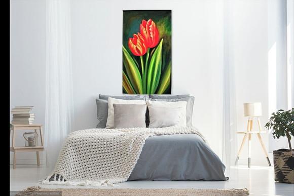 Quadro Grande para Sala Pintura Tela Floral Tulipas Vermelha