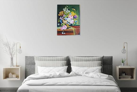Quadro Grande para Sala Pintura Tela Vintage Rosas no Vaso
