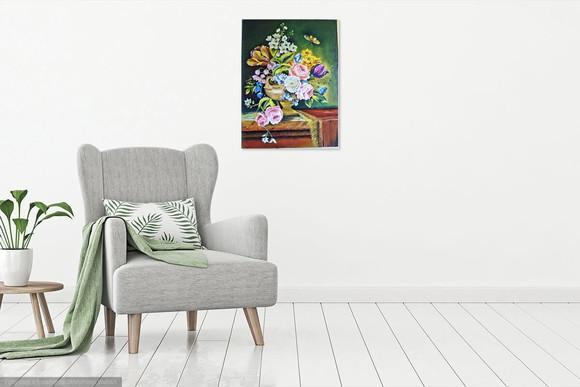 Quadro Grande para Sala Pintura Tela Vintage Rosas no Vaso