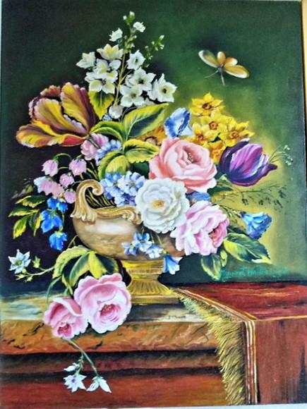 Quadro Grande para Sala Pintura Tela Vintage Rosas no Vaso