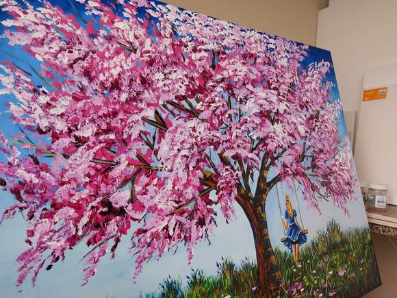 Quadro Ipê Rosa Menina no Balanço Presente de Natal