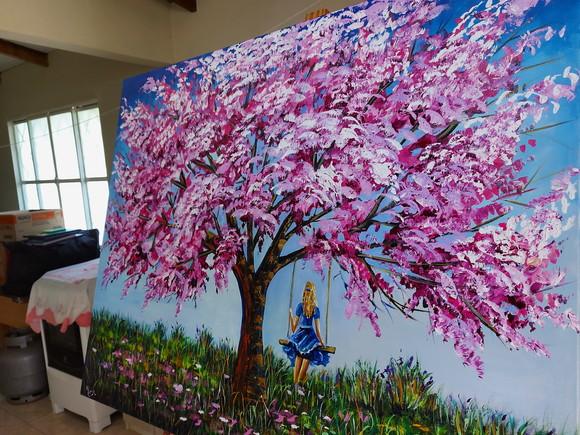 Quadro Ipê Rosa Menina no Balanço Presente de Natal