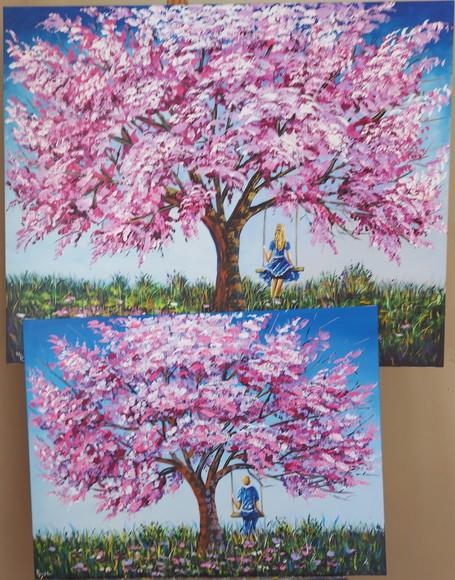 Quadro Ipê Rosa Menina no Balanço Presente de Natal