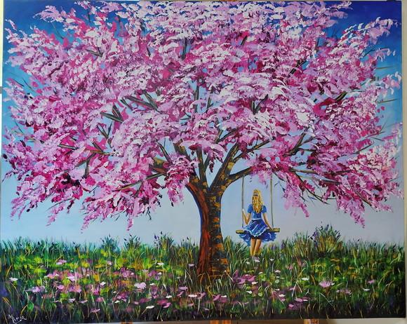 Quadro Ipê Rosa Menina no Balanço Presente de Natal