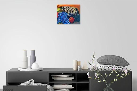 Quadro Natureza Morta Frutas na Cesta Uvas Presente de Natal