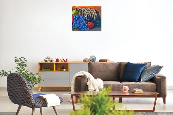Quadro Natureza Morta Frutas na Cesta Uvas Presente de Natal