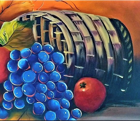 Quadro Natureza Morta Frutas na Cesta Uvas Presente de Natal