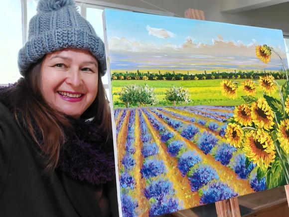 Quadro Paisagem Campo de Girassóis Lavanda Presente de Natal