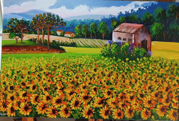 Quadro Paisagem Campo de Girassóis Presente de Natal