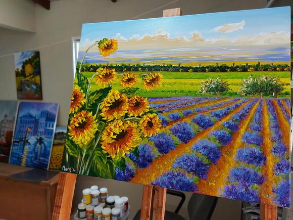 Quadro Paisagem Campo Girassóis e Lavanda Presente de Natal