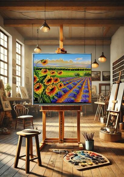 Quadro Paisagem Campo Girassóis e Lavanda Presente de Natal