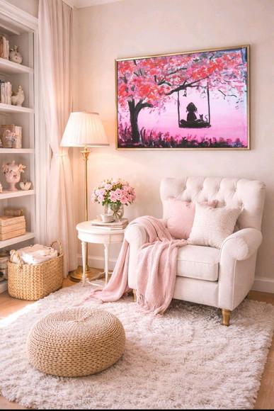 Quadro Paisagem Mulher Balanço Gato Árvore Presente de Natal