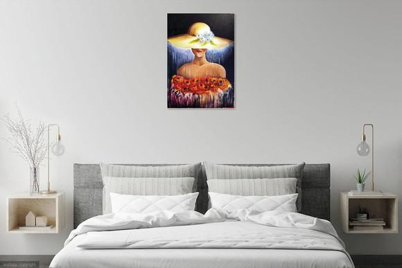 Quadro para Quarto Sala Pintura Tela Mulher de Chapéu Woman