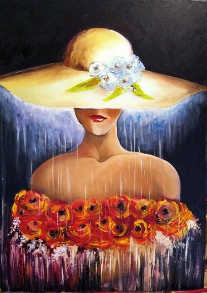 Quadro para Quarto Sala Pintura Tela Mulher de Chapéu Woman